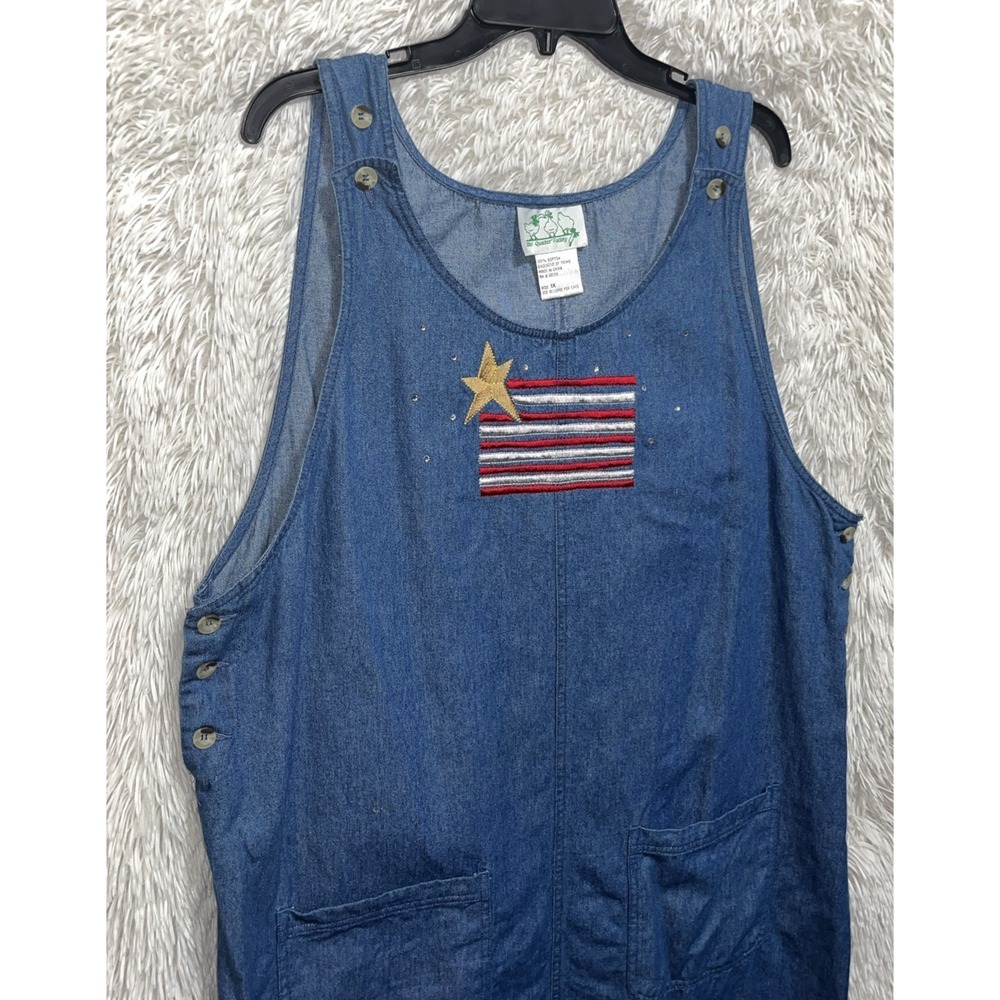 Quacker Factory Denim Midi‎ Dress Womens 1X Blue Cotton Pockets Flag Applique - Picture 4 of 10